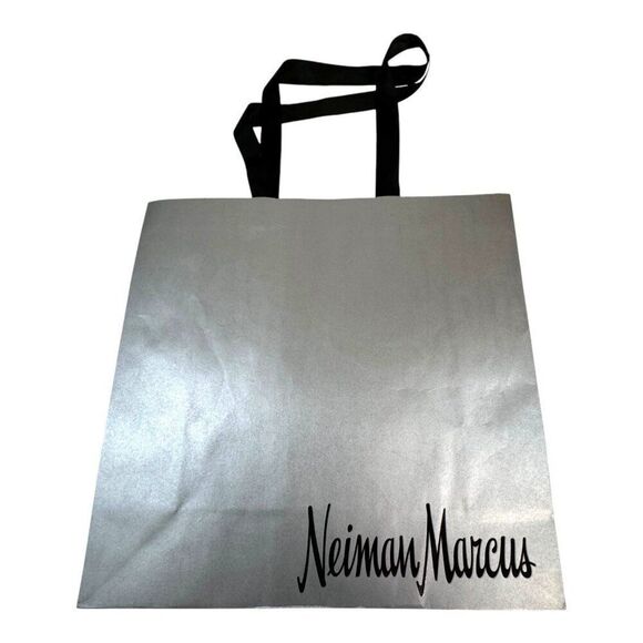 Neiman Marcus Silver Tote Bag With Black Handles Shopping Authentic Metallic - Picture 1 of 5